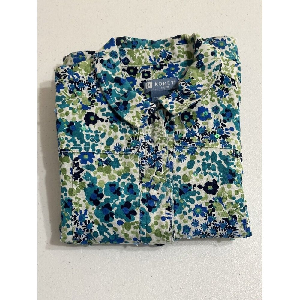Koret Petite Green‎ Blue Floral Button Up Jacket Lightweight Sequins Pockets PS